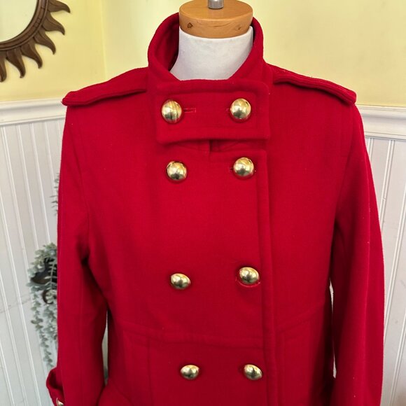 Womens Red Double-Breasted Wool Coat By Via Spiga W/ Gold Buttons Size 14 - Picture 2 of 15